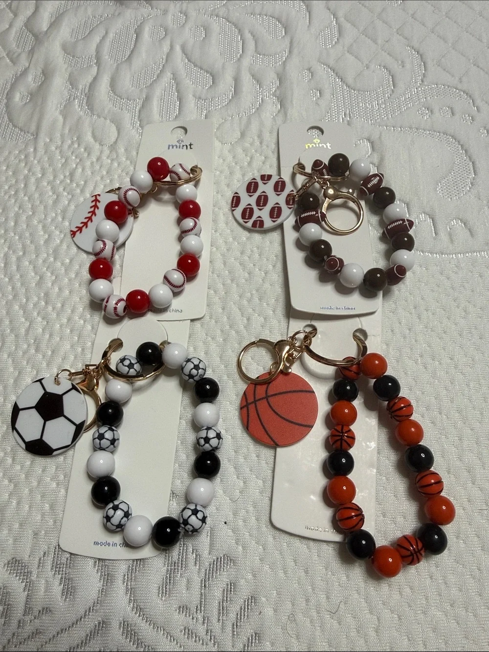 Set of 12 Sports Beaded Keychain Bracelet - Basketball Soccer, Football Baseball